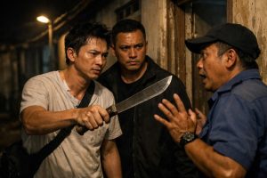 taufik hidayat pulang dari rumah sakit dengan membawa teman dan mengancam penjaga kos menggunakan golok, menyebabkan ketegangan di lingkungan sekitar.