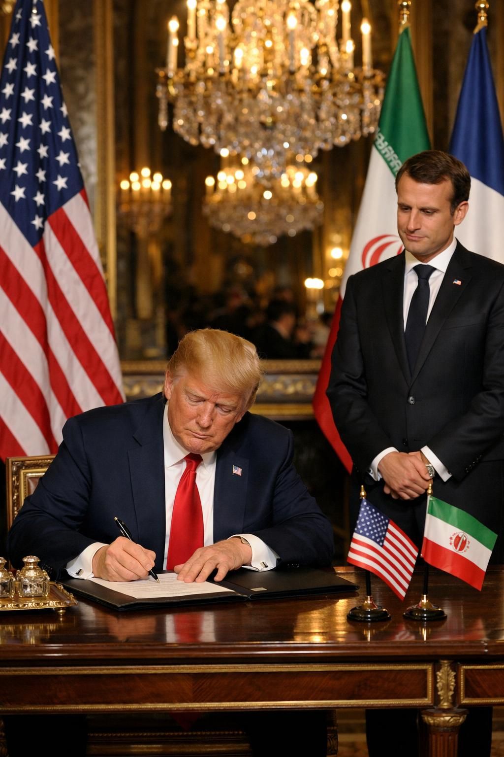 trump menandatangani nota kesepahaman damai dengan iran di istana versailles, disaksikan oleh presiden macron, menandai langkah penting dalam hubungan internasional.