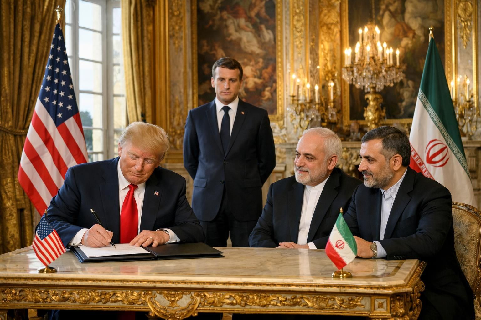 trump menandatangani mou perdamaian dengan iran di istana versailles, disaksikan oleh presiden macron, menandai langkah penting dalam hubungan internasional.