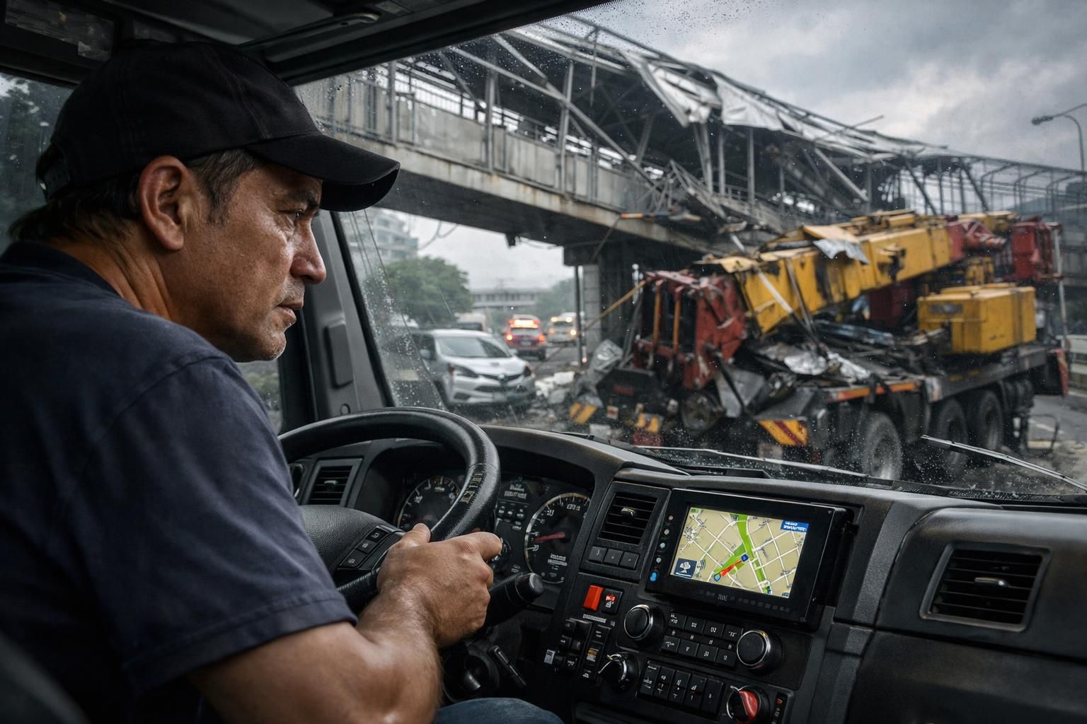 pengakuan sopir truk pengangkut crane yang menabrak jpo tendean, mengungkapkan bahwa fokusnya pada gps saat insiden terjadi.