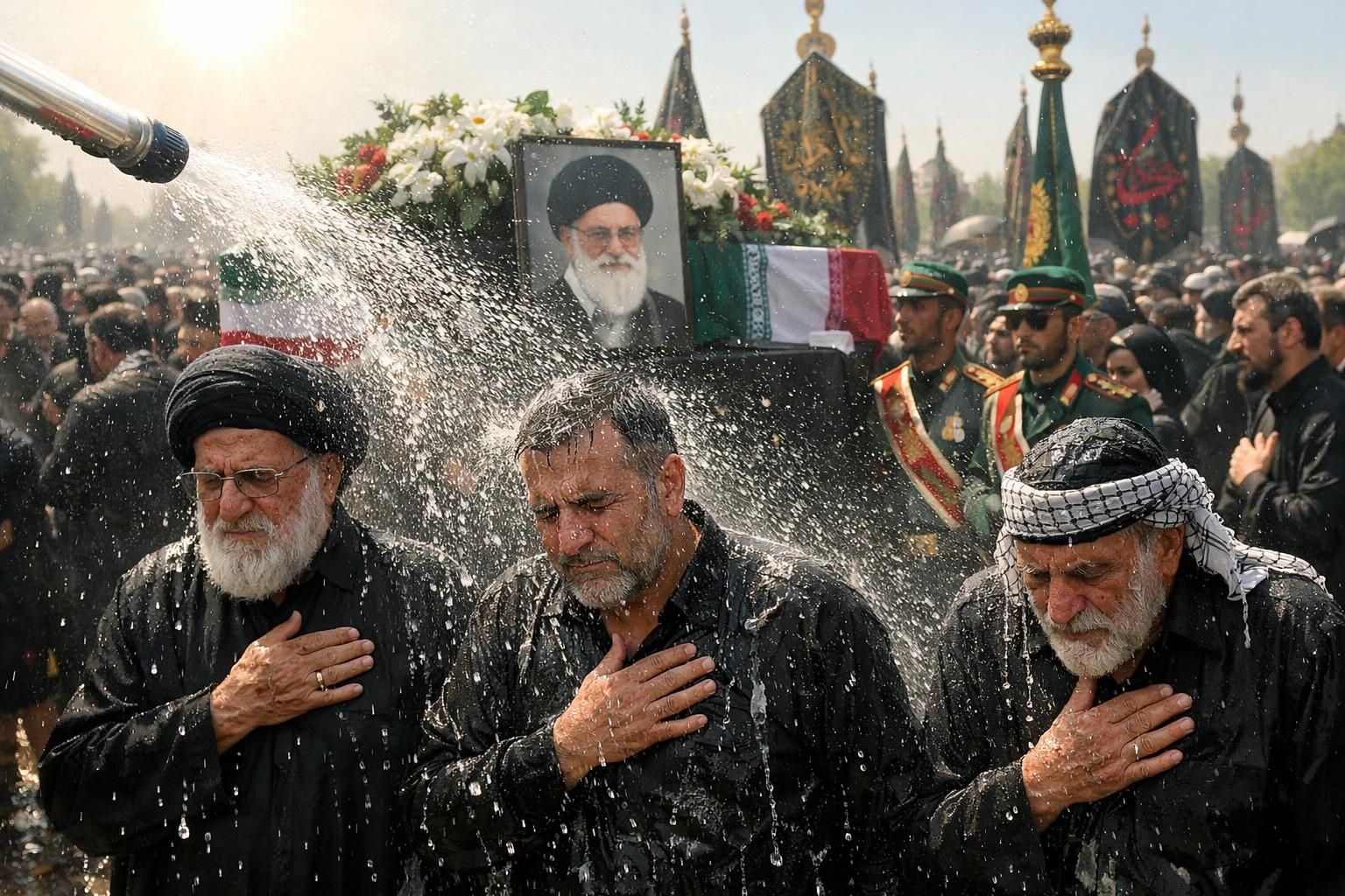terik matahari mengusik, pelayat disiram air saat upacara penghormatan terakhir ayatollah ali khamenei. ikuti berita lengkapnya di detiknews.