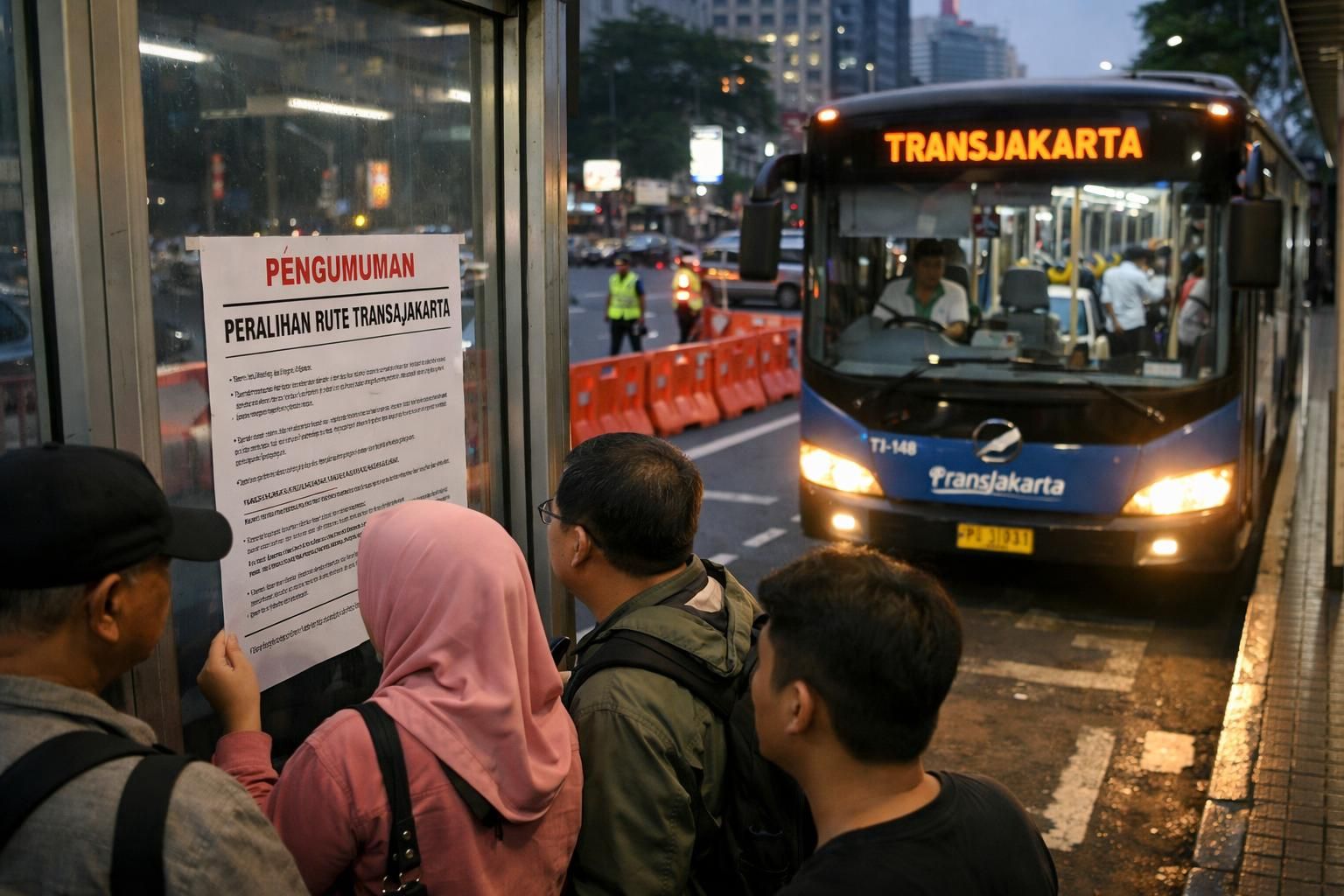 beberapa rute transjakarta berhenti beroperasi sementara akibat penutupan jalan, menyebabkan perubahan jadwal dan rute perjalanan bagi penumpang.