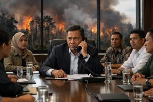 prabowo melakukan telepon mendadak saat rapat untuk meminta perlengkapan tambahan dalam menangani kebakaran hutan dan lahan (karhutla).
