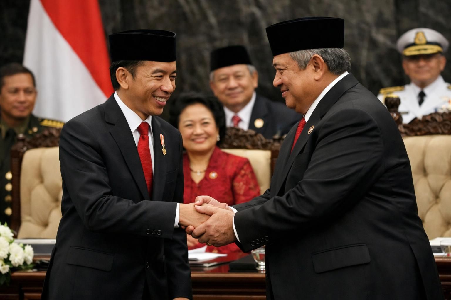 setelah pidato, prabowo menunjukkan rasa hormat dengan berjabat tangan hangat kepada jokowi, menandai momen persatuan dan kerja sama.