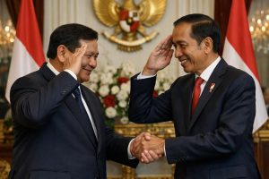 setelah pidato yang kuat, prabowo menunjukkan rasa hormat dengan menjabat tangan jokowi, menandai momen persatuan dan kerjasama di panggung politik indonesia.